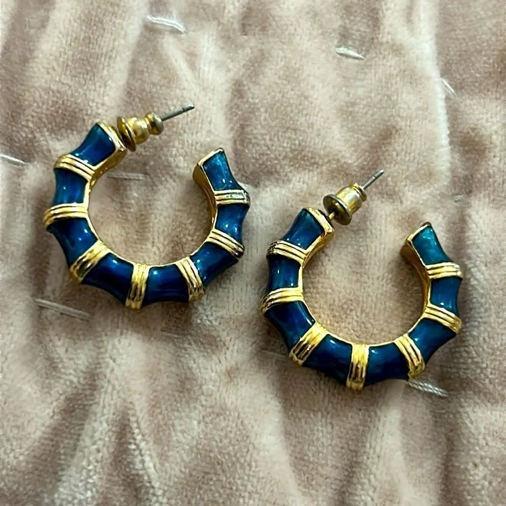 Kenneth Jay Lane Enameled Bamboo Earrings Pierced Ears Gold Tone Blue Teal KJL